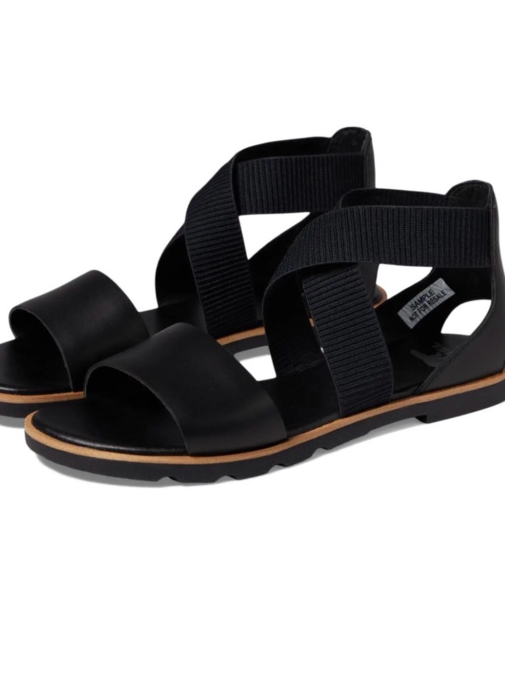 Sorel Black Sandals with Tan Trim and Elastic Crossover Straps
